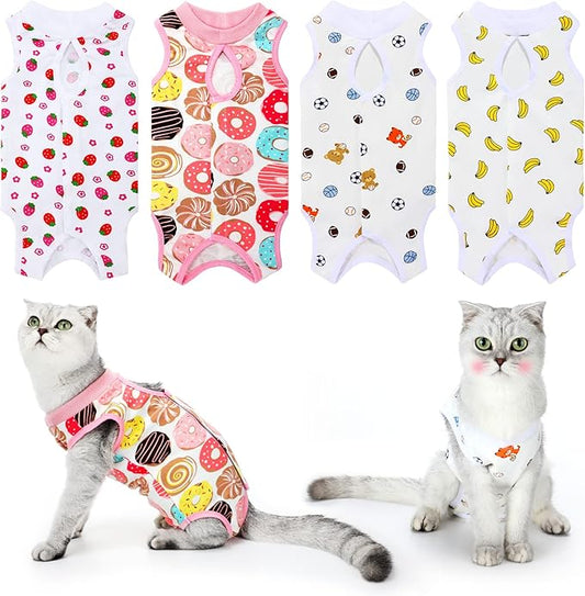 4 Pieces Cat Recovery Suits Body Wraps Breathable Kittens Recovery Clothes for Cats Small Dogs Abdominal Weaning(Banana, Football, Strawberry, Donut,S)