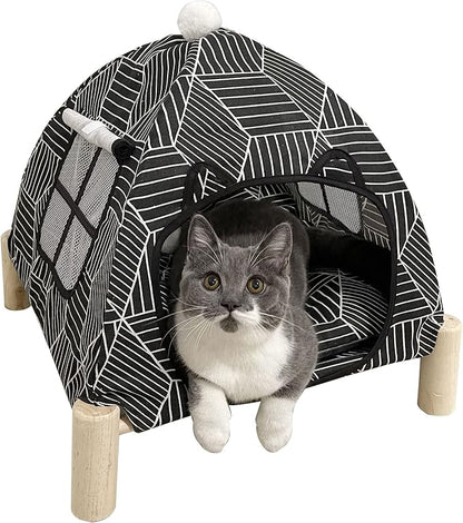 2-in-1 Elevated Cat Tent Cat House, Quick Assembly and Disassembly, Portable Indoor/Outdoor Cute Cat Bed Cave-Black Diamond Pattern