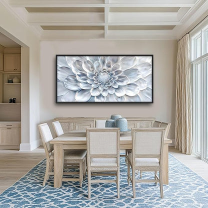 Abstract Flower Large Wall Art White Silver Floral Pictures Wall Decor Neutral Canvas Print Painting Artwork for Bathroom Living Room Bedroom 60L" x 30W"