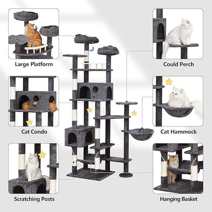 85in Giant Cat Tree for Heavy Duty Big Cats, Large Cat Trees with Scratching Post, Cat Tree Tower with Cat Condos, Hammock & Plush Perch for Maine Coon, Smoky Gray