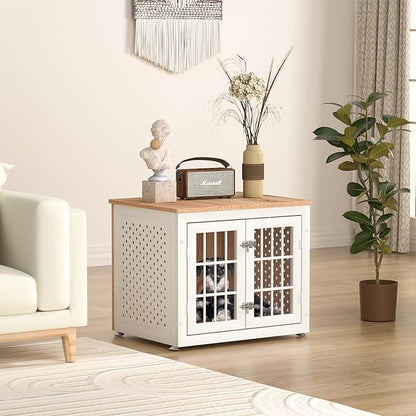 26" Heavy Duty Dog Crate Furniture for Small Dogs, Metal Kennel for High Anxiety Dogs, Chew Proof Pet Cage Indoor, Decorative Dog Kennel End Table,White