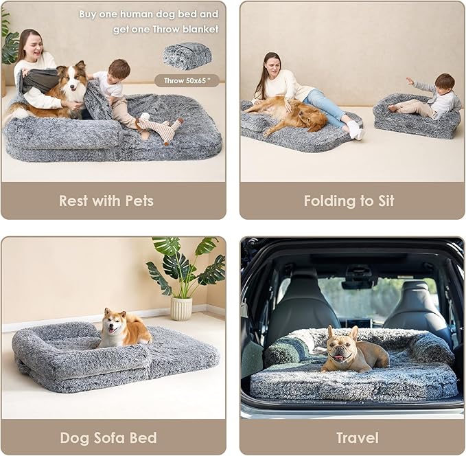 EHEYCIGA Human Dog Bed for Kids, Foldable XXL Dog Bed, Faux Fur Fluffy Pet Couch Bed, Orthopedic Calming Memory Foam Big Pet Bed, Washable Pet Sofa Bed with Non-Slip Bottom, Grey, 54"x38"x7.5"