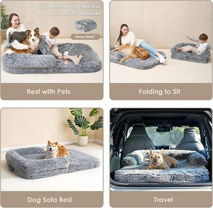 EHEYCIGA Foldable XL Dog Bed, Faux Fur Fluffy Pet Couch Bed for Large Dogs, Orthopedic Calming Memory Foam Big Pet Bed, Washable Soft Pet Sofa Bed with Non-Slip Bottom, Grey, 46"x34"x6.5"