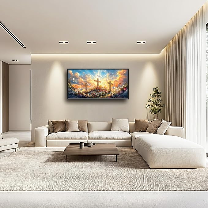 Framed Large Christian Jesus Wall Art, Oversized Floral Dove Wall Decor for Living Room, Landscape Canvas Painting Peaceful Pictures Modern Artwork for Living Room Bedroom Office 60"x30"