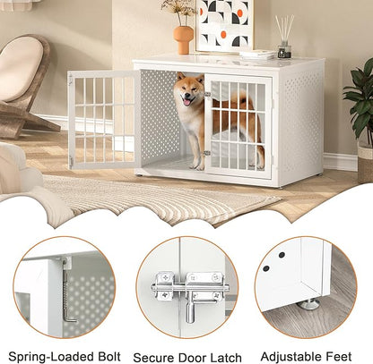 38" Heavy Duty Dog Crate Furniture for Large and Medium Dogs,Wooden Metal Kennel for High Anxiety Dogs, Chew Proof Pet Cage Indoor, Decorative Dog Kennel End Table, White