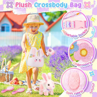 Easter Bunny Toys for Kids with Crossbody Bags, Easter Basket Stuffers Interactive Hopping Wiggle Ears Rabbit Toy, Pretend Play Robot Pet Care Cute Stuff for Girls Trip Plushies Birthday Gifts