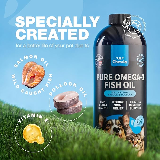 Fish Oil for Dogs and Cats - Skin and Coat Support Supplement for Pets - Omega 3 6 9 Fatty Acids - Itchy Skin, Shedding, Immunity, Joint - EPA DHA - Wild Caught Salmon and Pollock Food Topper