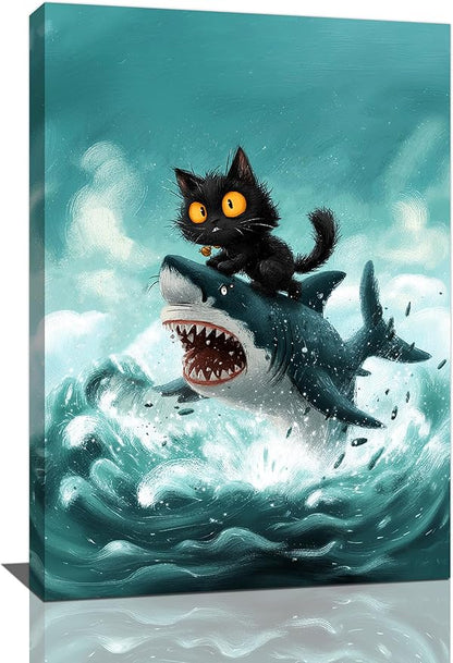 Funny Black Cat Bathroom Wall Art Cute Cat Riding Shark Canvas Wall Decor Animal Kitten Pictures Painting Print Artwork Framed Decorations Gifts for Cat Lover Kids Room Bedroom 16"x24"