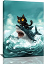 Funny Black Cat Bathroom Wall Art Cute Cat Riding Shark Canvas Wall Decor Animal Kitten Pictures Painting Print Artwork Framed Decorations Gifts for Cat Lover Kids Room Bedroom 16"x24"