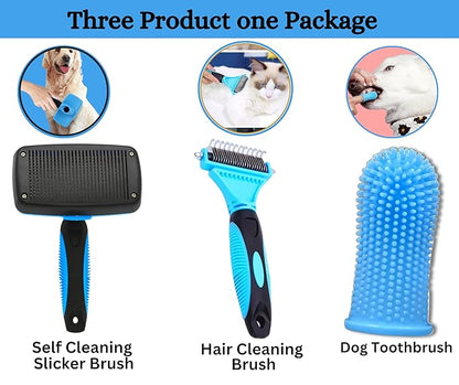 3-in 1 Dog & Cat Grooming Supplies- Self-cleaning Slicker Brush, Deshedding Rake Comb, And Finger Toothbrush For Dogs & Cats | Perfect For Pet Grooming Kit, Dematting And Dental Tool (blue)