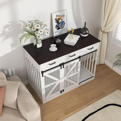 48'' Dog Crate Furniture with Divider&Storage Drawers, Wooden Double Dog Kennel Furniture End Table with Sliding Barn Doors, White Double Dog Crate TV Stand