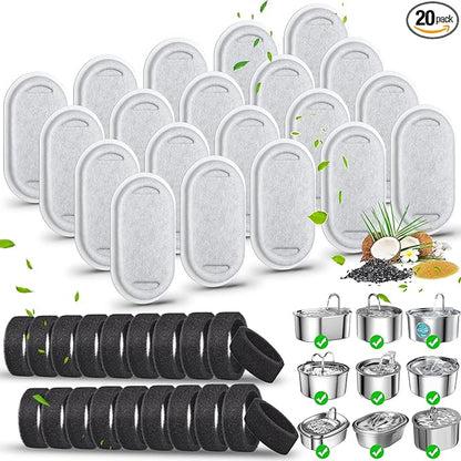 40 Pack Cat Water Fountain Filters-Cat Fountain Replacement Filters for Stainless Steel 108/3.2L& 67oz/2L Adjustable Water Flow Pet Water Fountain(20 Pack Pet Water Filter Refills+20 Pack Sponges)