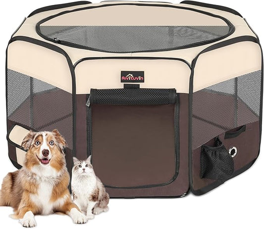 Aivituvin Dog Playpen, Foldable Pet Play Pens with Carrying Bag for Cat, Puppies, Rabbits, Portable Dog Tent Crates Cage for Travel Camping Indoor Outdoor, Removable Shade Cover, Brown S
