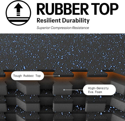 AIRHOP 0.79in Thick 24 Sq Ft Exercise Equipment Mats, 6 Tiles Upgraded Rubber Top with High Density EVA Foam, Large Interlocking Puzzle Gym Flooring for Home Gym, Heavy Weight Workout,Black & Blue