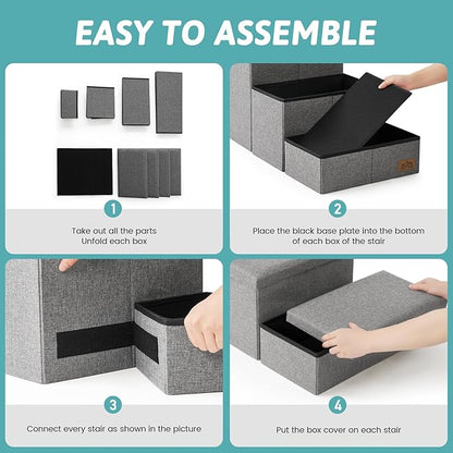 Dog Stairs with Storage, 4-Step Wider Sturdy Dog Steps for Small/Medium/Large Dogs and Older Cats, Folding Doggie Ramp for Bed/Couch/Car Hold Up to 180 lbs (22" H, Grey)