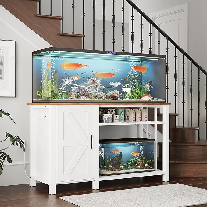 55-75 Gallon Fish Tank Stand with Power Outlet & Adjustable Shelf, Heavy Duty Aquarium Stand with Cabinet Storage for Fish Tank, Turtle Tank, Reptile Terrarium, 1000LBS Capacity, White