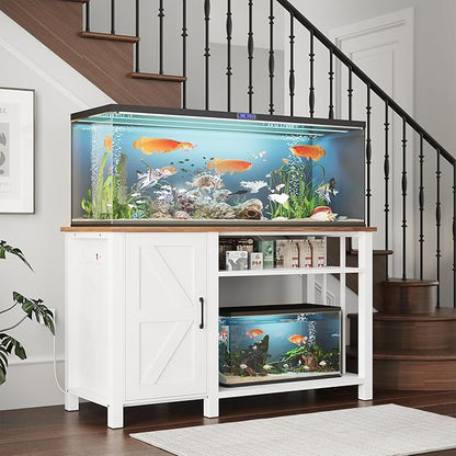 55-75 Gallon Fish Tank Stand with Power Outlet & Adjustable Shelf, Heavy Duty Aquarium Stand with Cabinet Storage for Fish Tank, Turtle Tank, Reptile Terrarium, 1000LBS Capacity, White