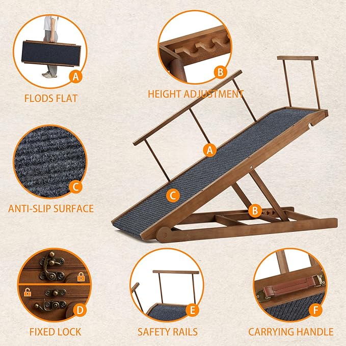 Dog Ramp for Bed, Pet Steps Stairs for Small and Large Dog Portable for Bed, Couch, Car, Height Adjustable, Anti-Slip Traction Mat, Support up to 210 lbs (Black, LENTH-55.1IN)