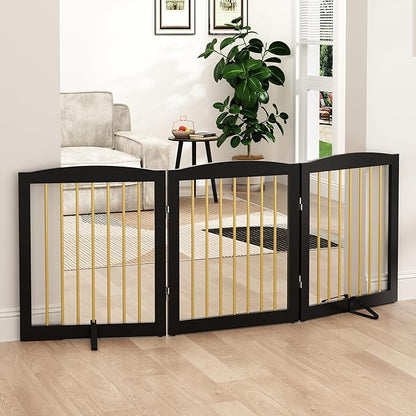 Freestanding Pet Gate for Dogs, Foldable Wooden Dog Gate for House, Indoor Dog Gate for Doorways, Stairs, Step Over Pet Puppy Safety Fence, Support Feet Included,24" Height 3 Panels,Black&Gold