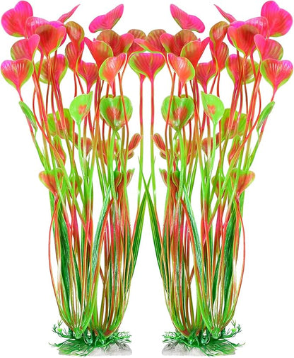 AQUANEAT Artificial Fish Tank Plants, Plastic Aquarium Accessories Large, 15.5 inch Pink Decorations, 2pcs