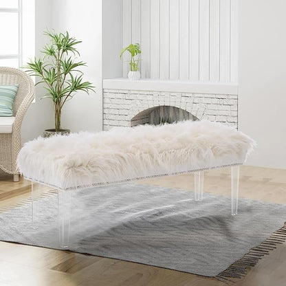 46 Inch White Bedroom Bench, Benches for Bedroom White Faux Fur Upholstered Bed end Bench, Tufting Ottoman Bench Indoor Bench with Acrylic Legs for Living Room Bedroom Entryway