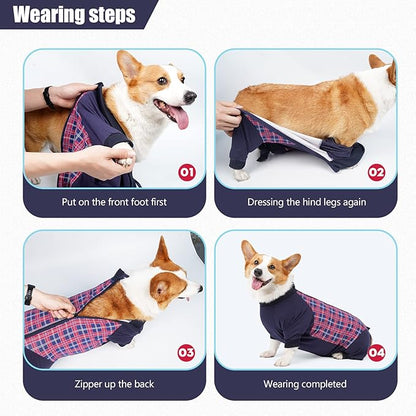 Dog Recovery Suit, Abdominal Wound After Surgery Wear, Anti Licking Bodysuit with Zipper, E-Collar & Cone Alternatives, Plaid Dog Spay Surgical Onesie Prevent Shedding(Large, Red)