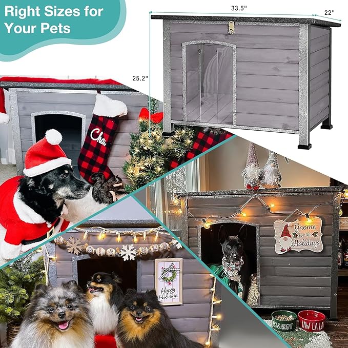 Feral Dog House Outdoor,Anti Bite Iron Frame Dog Kennel,Wood Warm Pets Home,Insulated Weatherproof Outside Shelter for Feral Animal (33.5"(L)×22"(W)×25.2"(H)-Grey-in)