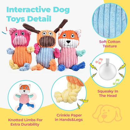 3pcs Dog Squeaky Toys, Plush Stuffed Puppy Chew Toy for Extended Play, Interactive Toys Gifts for Small Medium Large Chewer Dogs, Pet Toy Bulk to Keep Them Busy(Dog&Fox&Pig)