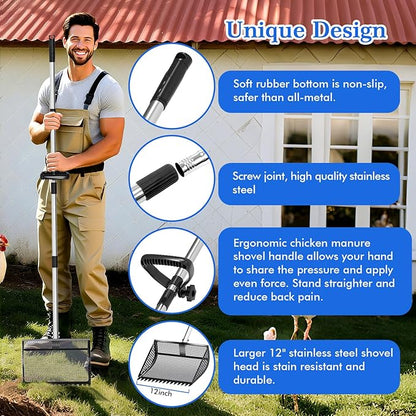 12 Inch Chicken Poop Scooper & Rake 2-in-1, Large Metal Shovel Head, Rubber Handle Stainless Steel Chicken Litter Scoop for Chicken Coops, Litter Screening Scoop (35 to 65in) US Patent Pending (Black)
