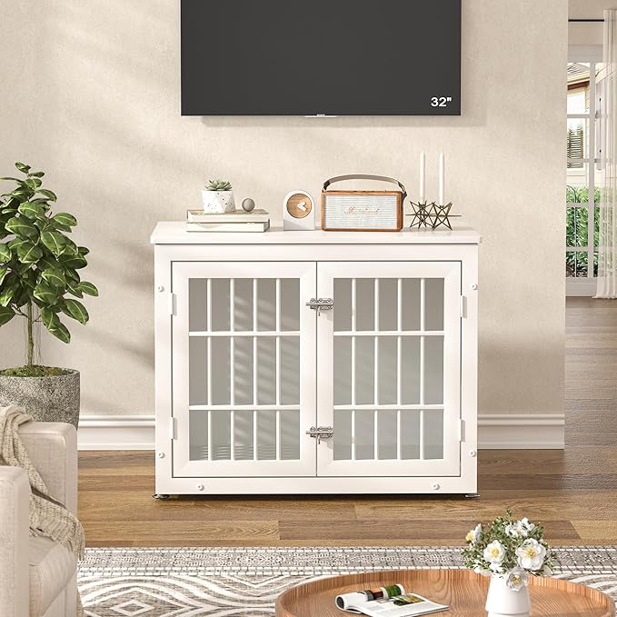 32" Heavy Duty Dog Crate Furniture for Small and Medium Dogs, Metal Kennel for High Anxiety Dogs, Chew Proof Pet Cage Indoor, Decorative Dog Kennel End Table, White