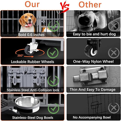 aboxoo 42/48 inch Heavy Duty Metal Dog Crate for 2 Dogs/Large Dog,All Metal Open Top,Dog Kennel Indoor with Wheels,Floor Grid, Tray, Divider and Feeding Bowl (Sliver)