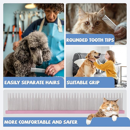 8.5 Inch Upgrade Pink Professional Pet Comb,Dual-Tooth Grooming Comb Anti-Static Smooth Rounded Corners Prevent Friction Breakage and Irritation,Long-Haired Cats and Dog Essential,Christmas Pet Gift