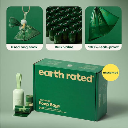 Earth Rated Dog Poop Bag Holder, Durable and Guaranteed Leakproof, Unscented, 1 Dispenser and 900 Bags