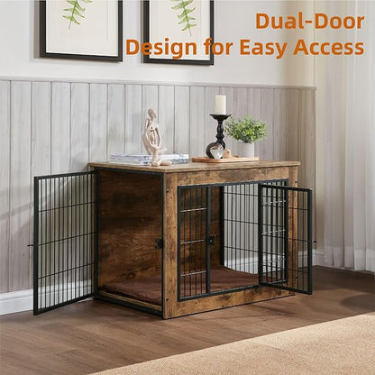FLEXIMOUNTS Dog Crate Furniture with Cushion, Wooden Dog Kennel Furniture, Heavy Duty Dog Cage, 40" Dog Kennel with Double Doors, L