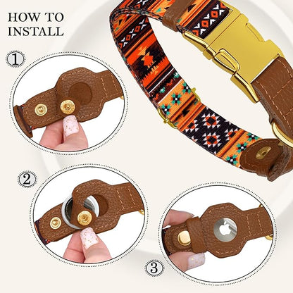 AirTag Dog Collar for Small Medium Large Breed - Adjustable Cute Pattern Dog Collar with Airtag Holder - Soft Leather Tracker GPS Apple Air Tag Pet Collars (X-Large, 20"-25" Neck Fit, Western)