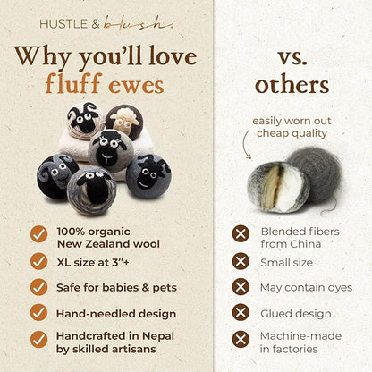Fluff Ewes Wool Dryer Balls 6 Pack Premium New Zealand Wool Laundry Balls for Dryer, No Static Dryer Balls Laundry Reusable, XL Wool Dryer Balls Cute, Baby Dryer Balls for Dryers - Classic