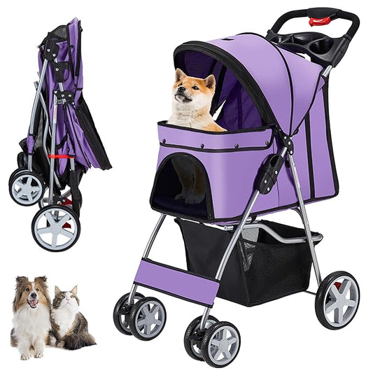 4 Wheels Pet Stroller for Small Medium Dogs Cats 10-33 lbs, Foldable Dog and Cat Stroller with Cup Holder & Storage Basket & Breathable Mesh, Pet Strolling Cart for All-Season, Purple