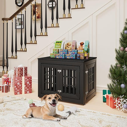 32" Heavy Duty Dog Crate Furniture for Small,Medium and Large Dogs,Rustic Wooden Dog Cage Kennel Indoor Furniture with Waterproof Top,Decorative Pet House Side End Table (Black)