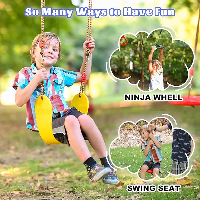 2x65 FT Ninja Warrior Obstacle Course for Kids with 13 Ninja Accessories - 600lbs Weight Capacity, Slackline with Swing Seat, Disc Swing, Ninja Wheel, Rope Ladder, Monkey Bar, Ninja Ring, Arm Trainer