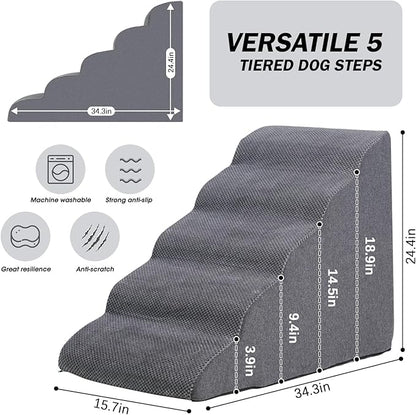 Dog Stairs&Steps for High Beds Up to 28'', 5-Step Dog Ramp for Small Medium Dogs with Washable Cover, Non-Slip Steps for Cats to Get on Couch and Sofa, Durable Foam Ladders, 24.4" Tall, Grey