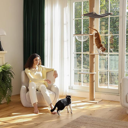 FUKUMARU Floor to Ceiling Cat Tree, 6 Level Adjustable Height (5.7-9.8 ft) Climbing Tower with Thickened Scratching Posts, Cats Activity Center with Transparent Capsule and Cozy Hammock