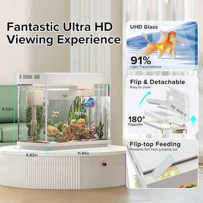 Fish Tank 2.4 Gallon Aquarium Kit with Humidifier 7-Color Auto-Looping 3 in 1 Quiet Pump with Filteration & Oxygenation & Circulation, Temperature Display, HD Glass