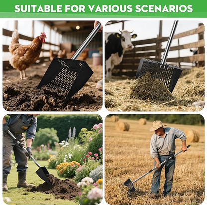 2-in-1 Chicken Poop Scooper & Rake - Adjustable Chicken Coop Scoop with Handle（39、53、67 in），Stainless Steel Shovel Head- Litter Scooper Sand & Sifting Shovel for Chicken Coops