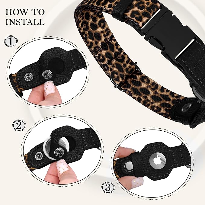 AirTag Dog Collar for Small Medium Large Breed - Adjustable Cute Pattern Dog Collar with Airtag Holder - Soft Leather Tracker GPS Apple Air Tag Pet Collars (X-Small, 9"-12" Neck Fit, Leopard)