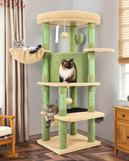 Globlazer Cactus Corner Cat Tree Tower with Scratching Post for Indoor Cats, 51in Multi-Level Cat Condo Tower with Large Hammock, Fan-Shaped Padded Perch, Spacious Cat Cave, Hanging Basket, C51, Green