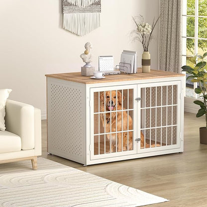 48" Heavy Duty Dog Crate Furniture for Large Dogs, Metal Kennel for High Anxiety Dogs, White Wooden Cage Furniture Indoor, Decorative Dog Kennel End Table, XL