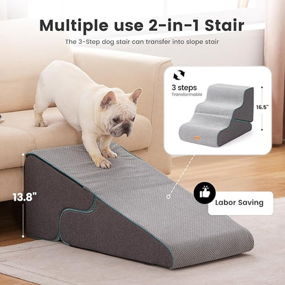 Gardner Pet Dog Stairs for Small Dogs 16.5" H, 2 in 1 Transformable 3-Step Pet Stairs and ramp, Dog Steps for Couch (13-20 in) with Durable Non-Slip Waterproof Cover and CertiPUR-US Certified Foam