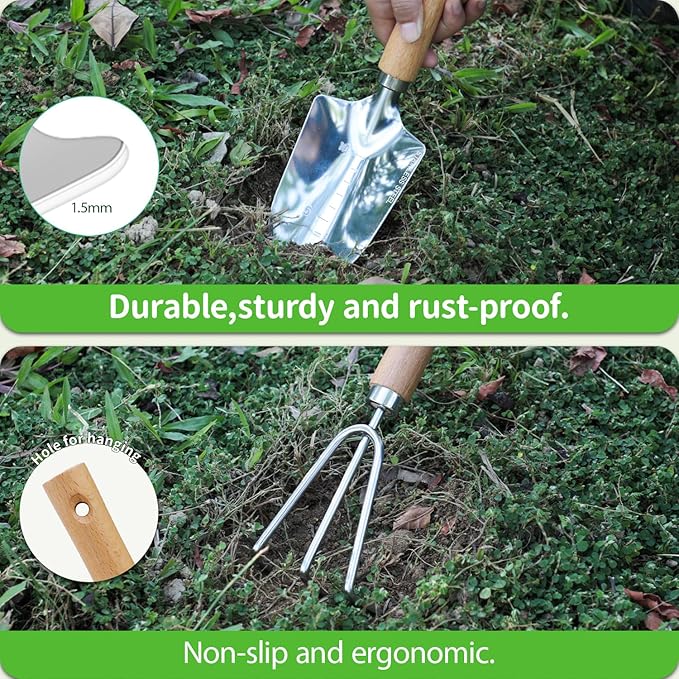 Garden Tool Set, 2 Pieces Stainless Steel Heavy Duty Garden Tools, Gardening Kit with Wooden Handle Garden Hand Tools, Durable Garden Tools for Gardening, Gardening Gifts for Women Men