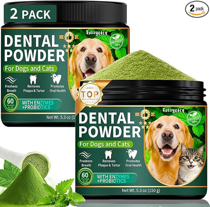 2 Pack Dog Dental Powder, Dog Teeth Cleaning Powder with Natural Herbal Blend & Postbiotics, Dental Powder for Dogs Teeth, Targets Tartar & Reduces Plaque & Bad Breath for Dogs & Cats, Mint -150Grams