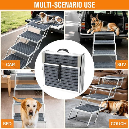 20" Extra Wide Dog Ramp, 4-Step Foldable Pet Stairs with Non-Slip Carpet - Lightweight Aluminum for SUV/Truck/Car & High Beds - Supports Large Dogs up to 200Lbs